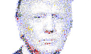 A mosaic portrait of a human face composed of tiny text fragments, images, and colorful snippets arranged to form the silhouette.