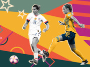 Editorial illustration of two women's soccer players, one in a USA jersey number 17 and one in a yellow Sweden kit, on a colorful geometric background.