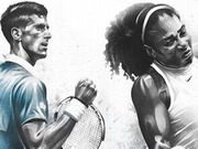 Dramatic black and white illustrated portrait of two tennis players facing each other, one holding a racket.