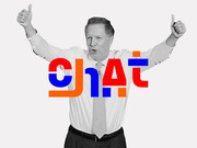 Black and white photo of a politician giving thumbs up overlaid with colorful stylized text reading CHAT in red, orange, and blue letters.