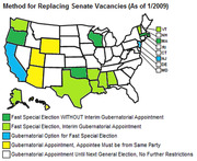 US map showing methods for replacing Senate vacancies as of January 2009, with states color-coded by five different replacement procedures.