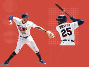 Editorial illustration of two Minnesota Twins baseball players on a red background with grid patterns, one fielding and one batting with jersey number 25 Buxton.