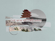 Editorial collage illustration featuring a red pagoda and landscape photos with the title text The New Bellwethers on a muted teal background.