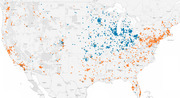 Dot map of the United States showing two categories of locations marked in orange and blue dots, densely clustered in the Midwest and Northeast.