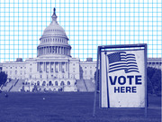Blue-tinted editorial illustration of the US Capitol building with a Vote Here sign in the foreground on a grid background.