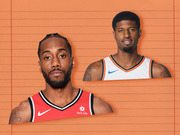Editorial illustration of two NBA basketball players cut out against an orange lined-paper background, one in a Toronto Raptors jersey and one in an OKC Thunder jersey.