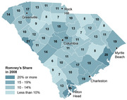 Choropleth map of South Carolina counties showing Mitt Romney's share of the vote in 2008, with values ranging from less than 10% to 20% or more per county.