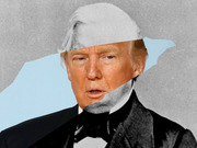 Editorial collage combining a color photo of Donald Trump with a black-and-white historical portrait, layered on a light blue background.