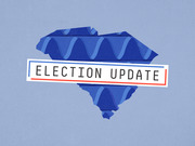 Editorial illustration of South Carolina state outline in blue with wave patterns and an Election Update banner overlay in red, white, and blue.