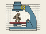 Editorial illustration of a Bigfoot or sasquatch figure standing on the stage of a blue microscope, rendered in a halftone grid style.