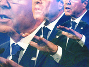 Stylized editorial illustration showing multiple overlapping images of a suited man gesturing, with a blue-tinted composite effect.