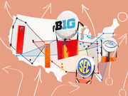 Editorial illustration of a US map overlaid with college football conference logos (B1G, SEC, ACC, Big 12, Pac-12) and colorful connecting lines suggesting realignment.