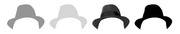 Four variations of a wide-brimmed hat shown in different styles: gray silhouette, diagonal-stripe outline, photographic, and black silhouette.