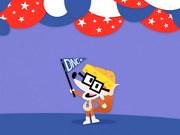 Cartoon fox mascot wearing glasses and a cheese wedge hat holds a DNC pennant flag under red, white, and blue star-spangled bunting decorations.