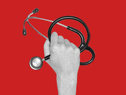 A grayscale illustrated fist raised holding a stethoscope against a bold red background, evoking themes of healthcare activism or labor.