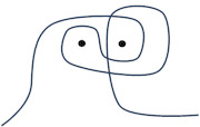 Simple line drawing resembling a cartoon face or abstract figure with two dot eyes, drawn in dark blue on white background.