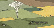 Editorial illustration showing a large caduceus medical symbol standing over a rural landscape with farmland fields and small village houses below.