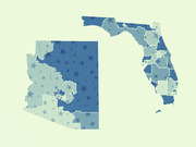 Choropleth maps of Arizona and Florida showing congressional districts shaded in varying shades of blue with star icons indicating some data metric.