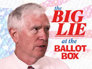Editorial illustration showing a man's portrait against a faded American flag background with the text 'the Big Lie at the Ballot Box'