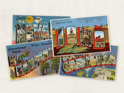 Four vintage-style Greetings From postcards for Nevada, Iowa, New Hampshire, and South Carolina arranged in a collage.