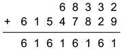 Large-text arithmetic addition problem showing 68332 plus 61547829 equals 61616161