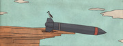 Editorial illustration of a bird perched on a missile or rocket resting on a cliff edge against a teal sky with clouds.