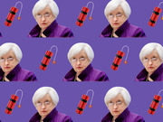 Repeating pattern editorial illustration of a white-haired woman in a purple jacket surrounded by lit dynamite sticks on a purple background.