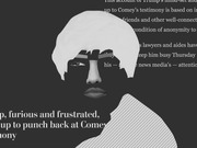 Black and white editorial collage illustration of a figure with blonde hair overlaid with newspaper text about Trump and Comey's testimony.