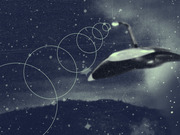 Editorial illustration of a UFO flying saucer against a dark starry sky with overlaid white spiral circles suggesting motion or radar.