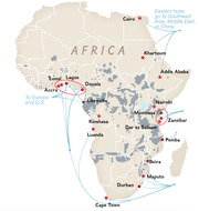 Map of Africa showing major hub cities with arrows indicating trade or travel routes to Europe, the U.S., Southeast Asia, the Middle East, and China.