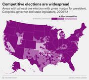 Choropleth map of the US showing areas with at least one competitive election by winning margin for president, Congress, governor, and state legislature from 2006 to 2012.