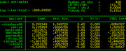 Logit regression estimates table showing coefficients, standard errors, z-scores, p-values, and confidence intervals for several predictor variables.
