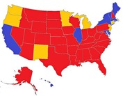 US electoral map showing states colored red, blue, and yellow, likely representing political party affiliations or election results by state.