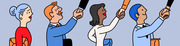 Editorial cartoon showing four diverse professional figures, two of whom are shaking hands with arms reaching down from above, on a blue background.