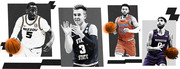 Editorial collage of four college basketball players in their uniforms from Mizzou, Utah State, Boise State Broncos, and Northwestern.