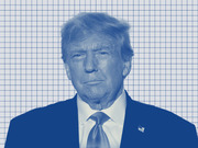 Blue-tinted editorial illustration of Donald Trump in a suit and tie against a grid-paper background.