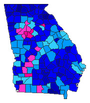 County-level election results map of Georgia showing voting patterns with blue, light blue, and pink color coding by county.