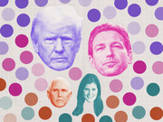 Colorful editorial illustration showing four political figures' faces in purple, pink, orange, and teal tones against a polka-dot background.