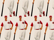 Repeating tiled editorial illustration of a Cincinnati Reds baseball player in uniform holding a bat, used as a decorative background pattern.