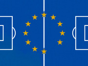 Editorial illustration combining a soccer field diagram with the European Union flag stars arranged in a circle at center field.