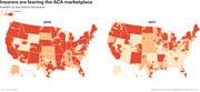 Two US county-level choropleth maps comparing number of ACA insurance providers by county in 2016 vs 2017, showing fewer insurers in 2017.