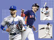 Editorial illustration featuring four MLB baseball players including a Los Angeles Dodgers player, Houston Astros player, Tampa Bay Rays player, and Buster Posey number 28 of the Giants.