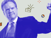 Editorial illustration of a blue-tinted man in a suit raising his fist, surrounded by decorative icons including a camera, crosshair, and striped badge.