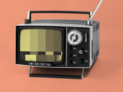 Vintage Sony portable television with antenna showing a pixelated static screen, photographed against an orange-red background.