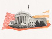 Collage-style editorial illustration of the US Supreme Court building in black and white, overlaid with red stars-and-stripes and orange stripe design elements.