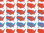 A tiled pattern of repeated US electoral maps colored red and blue showing varying distributions of Republican and Democratic states across multiple scenarios.