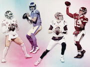 Editorial illustration showing four NFL quarterbacks in throwing poses representing the 49ers, Rams, Bengals, and Chiefs on a colorful gradient background.