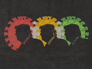 Three overlapping silhouettes of a figure wearing coronavirus particle shapes as crowns in red, yellow, and green on a dark background.