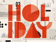 Decorative editorial illustration spelling HOLIDAY in bold red letters composed of data visualization shapes like pie charts, bar charts, and geometric forms.