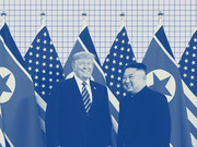 Blue-tinted editorial illustration of two political figures smiling before alternating US and North Korean flags on a grid background.